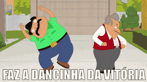 a cartoon of two men dancing with the words faz a dancinha da vitoria written below them