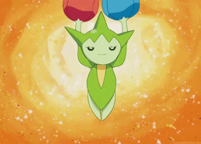 a green pokemon with a blue ball on its head is surrounded by leaves