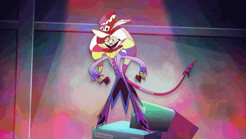 a cartoon character is standing on a podium with a purple tail and a red hat
