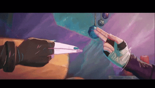 a painting of two hands reaching out towards each other with one holding a knife