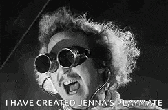 a black and white photo of a man wearing goggles and saying `` i have created jenna 's playmate '' .