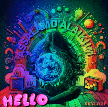 an illustration of a woman holding a globe with the words hello skyloup