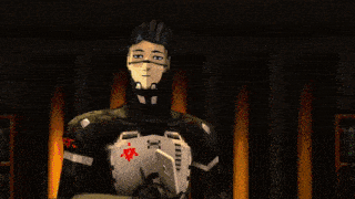 a pixelated image of a robot with a red x on his chest