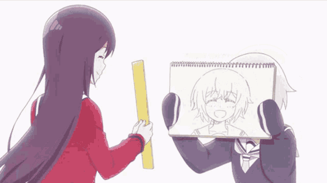 a girl is holding a ruler and a drawing of a girl