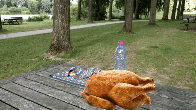 a roasted chicken sits on a picnic table next to a water bottle