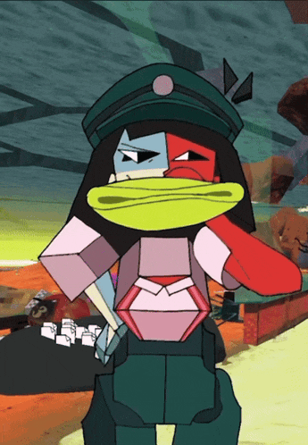 a cartoon character wearing a green hat and a yellow mouth