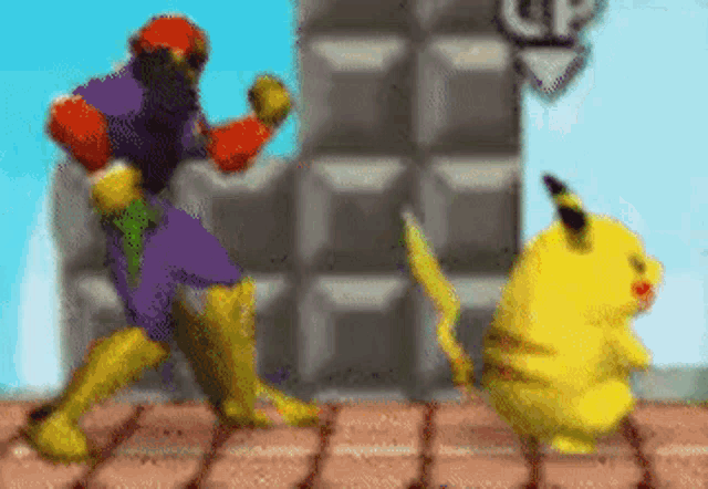 a pixel art of a man standing next to a pikachu .