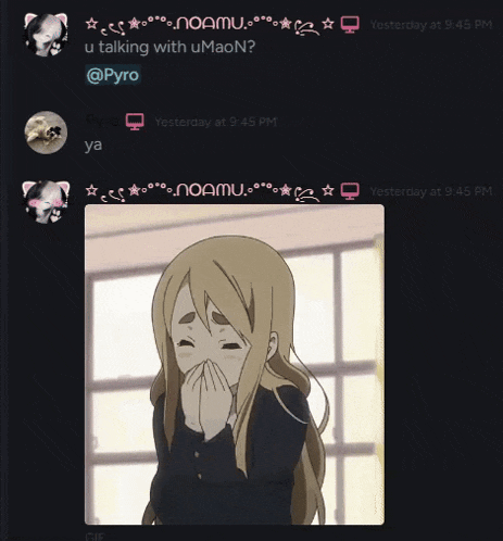 a screenshot of a discord chat with a girl covering her mouth