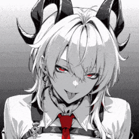 a black and white drawing of a girl with horns sticking her tongue out