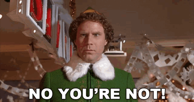 an elf says no you 're not in front of a christmas tree
