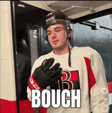 a hockey player is wearing a helmet and gloves and says bough