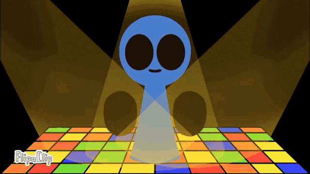a blue cartoon character is standing on a colorful tiled floor with the words flipa clip below it