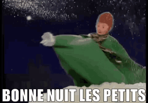 a cartoon character is flying through the air in the snow with the words `` bonne nuit les petits '' written below him .
