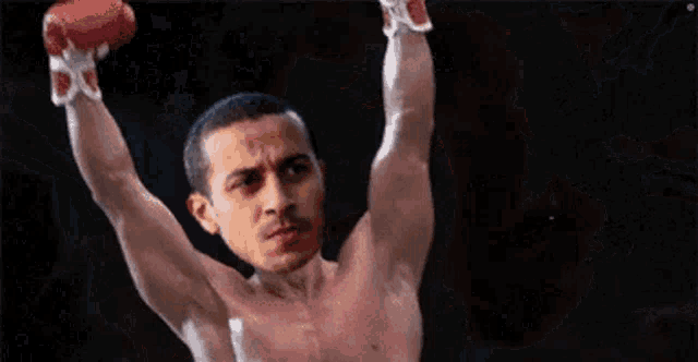 a man without a shirt is hanging upside down in a boxing ring with his arms in the air .