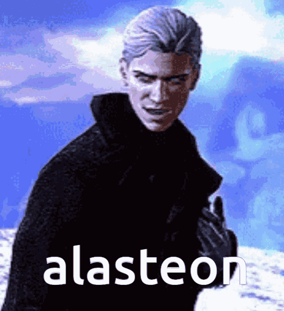 a man in a black coat with the word alasteon written on it