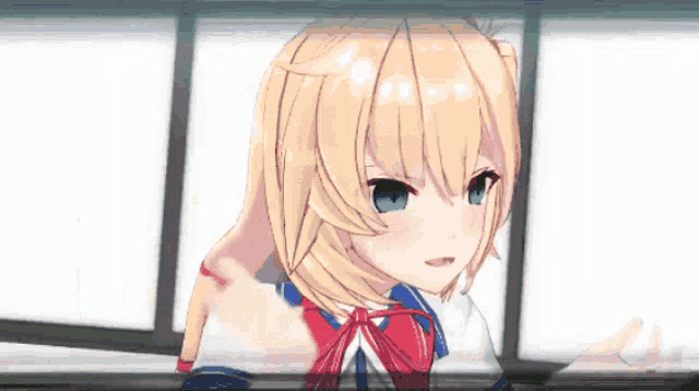 a blonde anime girl is standing in front of a window .
