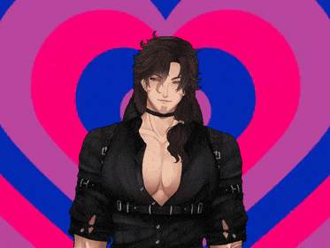 a man with long hair is standing in front of a pink heart