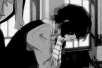 a black and white drawing of a man kneeling down with his head down .
