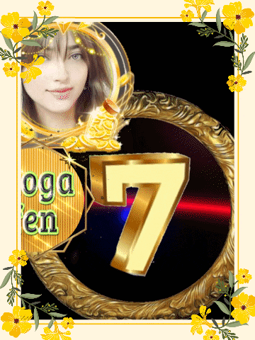 a picture of a woman in a gold frame with the number 7 surrounded by yellow flowers