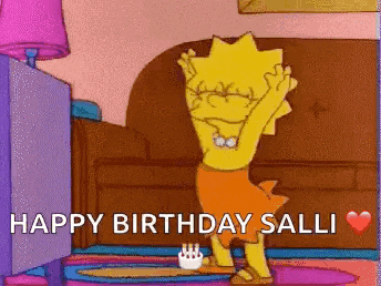 a cartoon character is dancing in a room with the words `` happy birthday salli '' written below her .