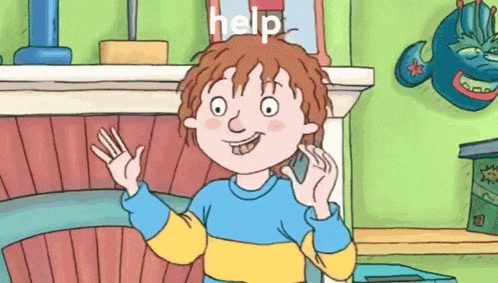 a cartoon boy is talking on a cell phone and the word help is on the bottom