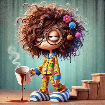 a cartoon girl with curly hair and glasses is standing next to a cup of coffee .