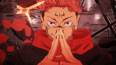 a close up of a cartoon character with red hair and a red hoodie