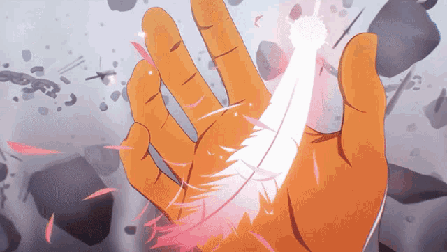 a hand is holding a white feather in it 's palm