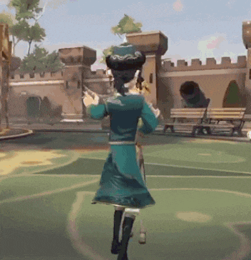 a woman in a blue dress is walking on a basketball court holding a sword .