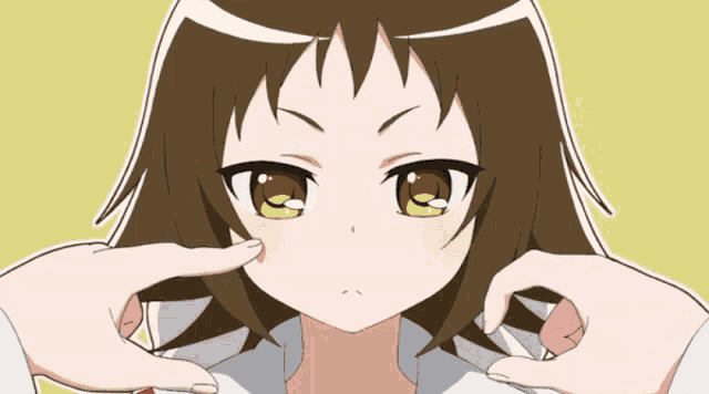 a cartoon of a girl with brown hair and yellow eyes making a funny face