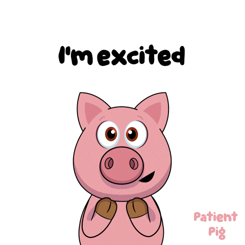 a cartoon of a pig saying i 'm excited yes