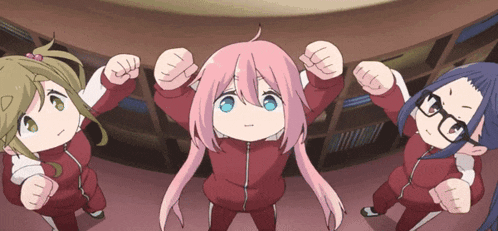 three anime girls are standing in a line with their fists in the air