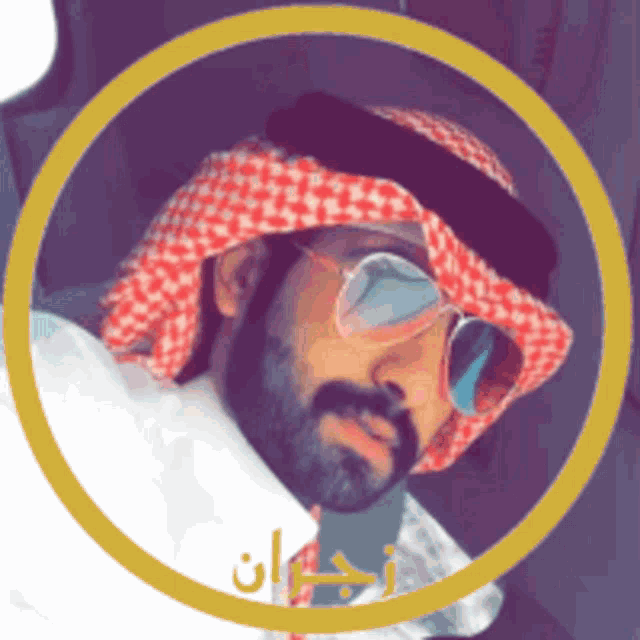 a man with a beard wearing sunglasses and a red and white scarf