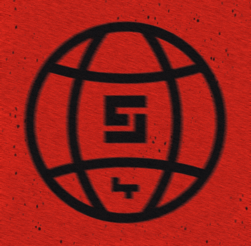 a red background with a black circle with the number 5 inside of it