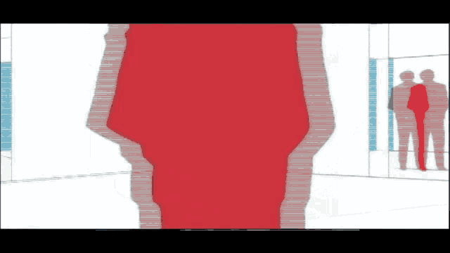 a drawing of two people standing in front of a red object