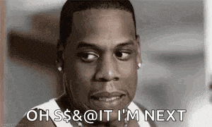 a close up of a man 's face with the words `` oh $ $ & @ it i 'm next ''