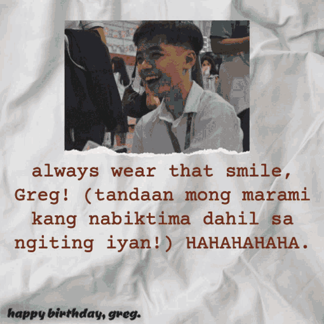 a poster that says happy birthday greg with a picture of a boy smiling