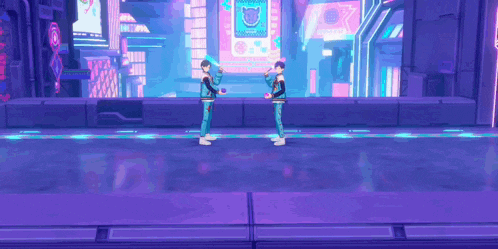 two cartoon characters are standing next to each other in a futuristic city