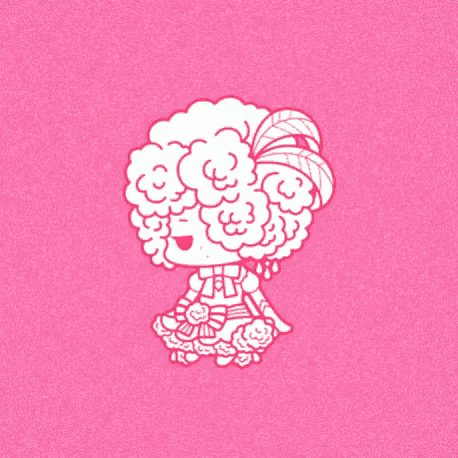 a cartoon drawing of a girl with curly hair on a pink background .