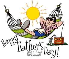 a cartoon of a man laying in a hammock with the words happy father 's day billy on the bottom