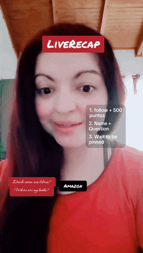 a woman in a red shirt has a live recap sticker on her face