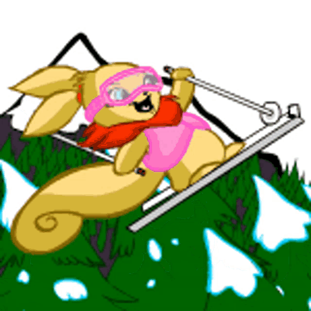 a cartoon of a squirrel skiing down a snowy hill