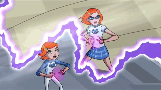 a cartoon of two girls with purple lightning coming out of their bodies