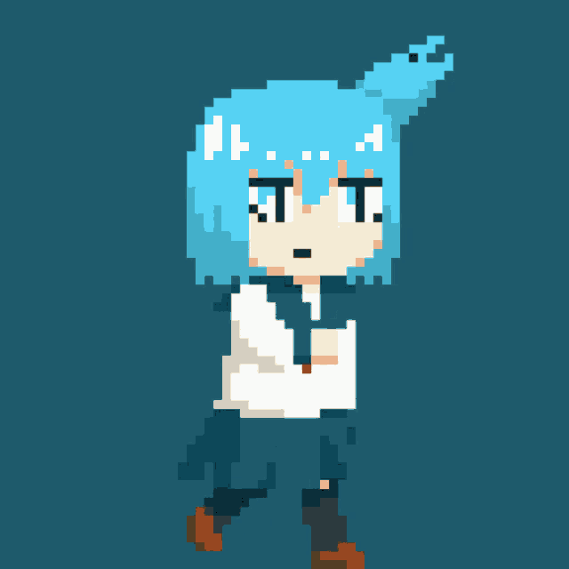 a pixel art drawing of a girl with blue hair and the letter t on her face