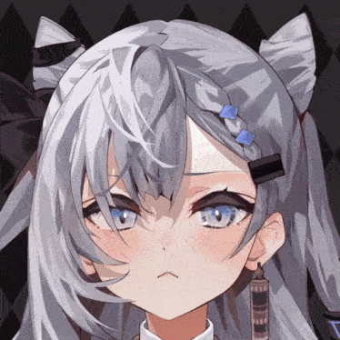 a close up of a girl 's face with white hair and blue eyes