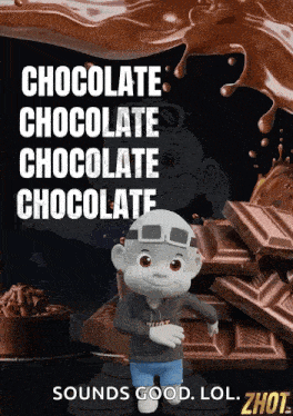 a cartoon character standing in front of a pile of chocolate bars
