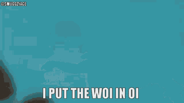 a man is pointing at the camera with the words `` i put the woi in oi '' written below him .