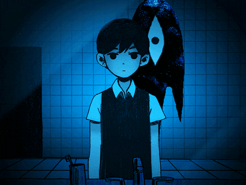 a cartoon of a boy standing in front of a mirror