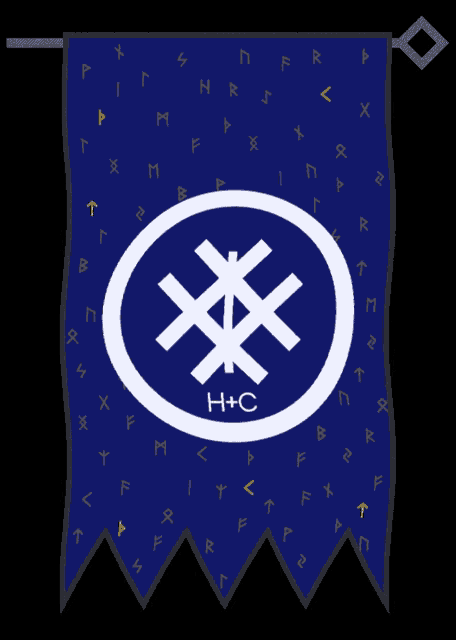 a blue banner with a white cross in a circle with h + c written on it