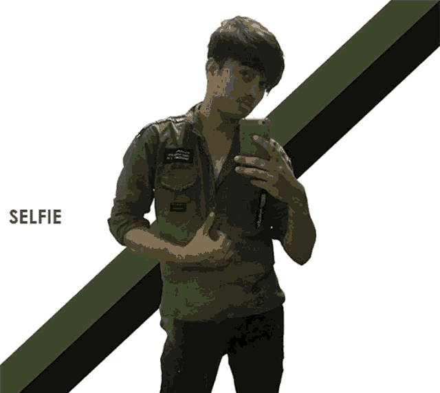a man is taking a selfie with the word selfie behind him